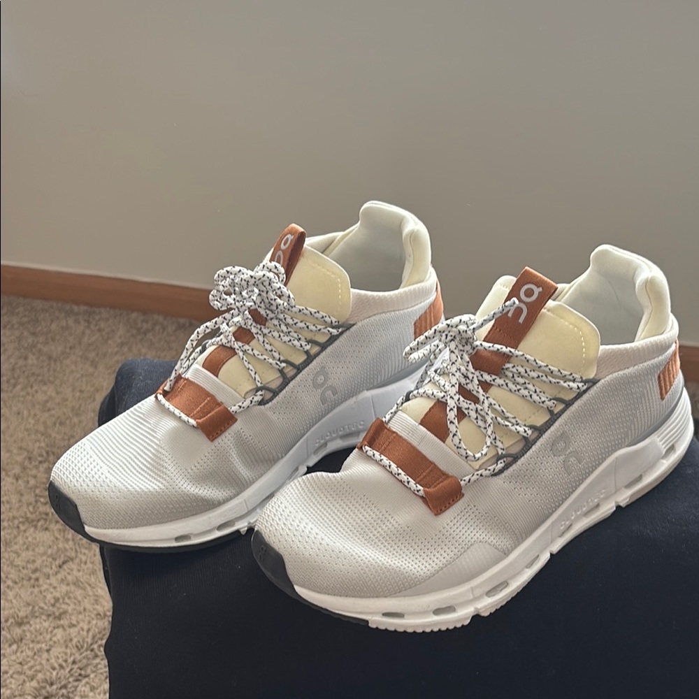 On Running White and Tan Athletic Shoes with Breathable Upper